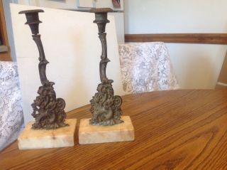 Antique Vintage Brass Candlesticks On Marble Base Approx.  12 " Tall,  Rare