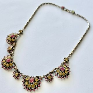 Signed Hollycraft Copr 1950 Vintage Pink & Yellow Rhinestone Flower Necklace 86