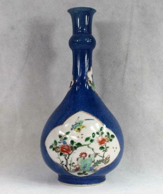 Antique Chinese Porcelain Powder Blue Bottle Vase With Famille Verte Panels