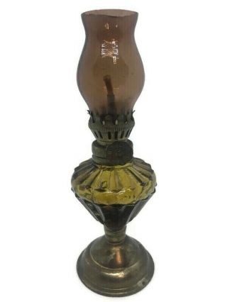 Vintage Miniature Oil Lamp Amber Glass Font Metal Pedestal Hong Kong