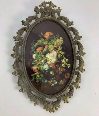 Vintage Made In Italy Ornate Metal Oval Frame With Flowers Picture