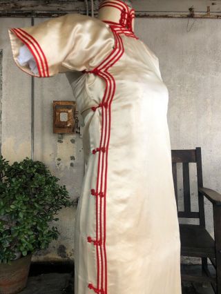 Antique 1930s White & Red Silk Cheongsam Qipao Banner Dress Deco Lined Vintage 2