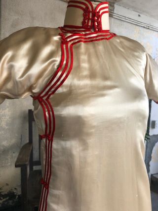 Antique 1930s White & Red Silk Cheongsam Qipao Banner Dress Deco Lined Vintage 3