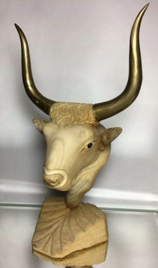 Vintage Carved Stone Texas Long Horn Steer With Brass Horns - Man Cave Art