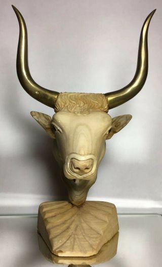 Vintage Carved Stone Texas Long Horn Steer with Brass Horns - Man Cave Art 2