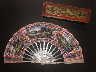 Antique Chinese Carved Mother Of Pearl Hand Painted Scene Telescopic Fan