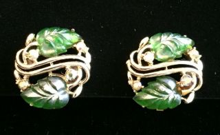 Vintage Star Brand Green Lucite Leaves Aurora Borealis Rhinestone Clip Earrings