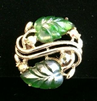 Vintage Star Brand Green Lucite Leaves Aurora Borealis Rhinestone Clip Earrings 2