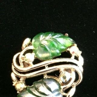 Vintage Star Brand Green Lucite Leaves Aurora Borealis Rhinestone Clip Earrings 3