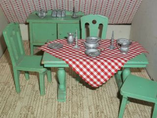 Vintage Strombecker Dollhouse Furniture Green Farm Table,  3 Chairs,  Buffet Chest