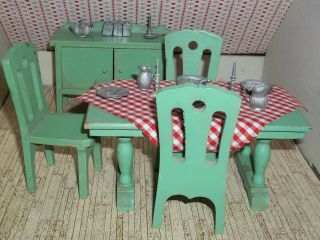 vintage Strombecker dollhouse furniture green Farm table,  3 chairs,  buffet chest 2