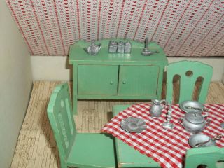 vintage Strombecker dollhouse furniture green Farm table,  3 chairs,  buffet chest 3