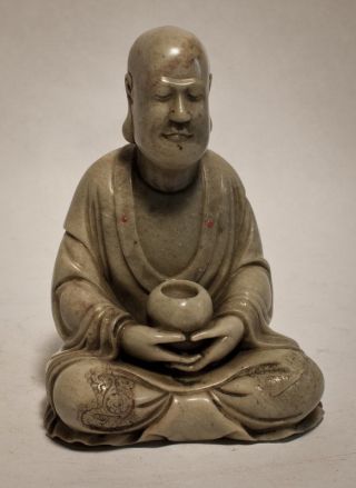 Antique Carved Steatite Figure Of A Seated Luohan With Incised Robes