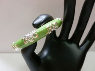 Vintage Silver Tone Green Enamel & Rhinestone Flower Hinged Bangle Bracelet