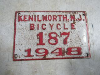 Vintage 1948 Kenilworth Nj Jersey Bicycle License Plate Tag 187 Embossed