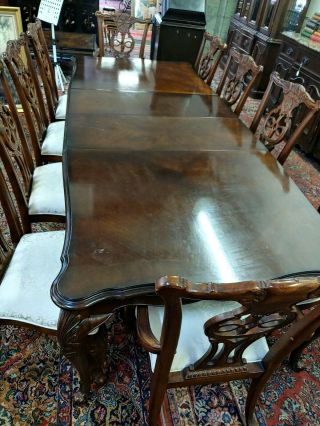 Dining Table With 2 Leaf Expansion Ten Chairs And Matching China Cab & Backboard