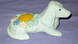 Vintage Porcelain Pin Cushion Figurine Sewing Dachshund Wiener Dog W/ Flowers
