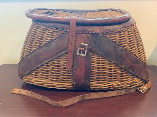 Wicker Woven Fishing Creel Basket - Vintage With Strap