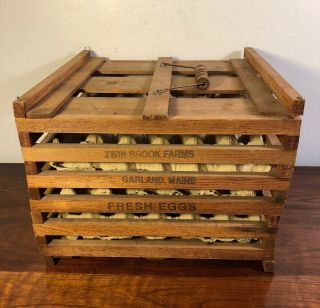 Vintage Primitive Wooden Egg Crate Twin Brooks Farm Garland Maine W Inserts