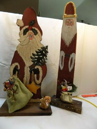 2 Vintage Handmade Santas Wood Porch Sitters Hand Painted Signed