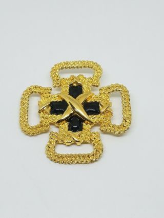 Vintage St John Maltese Cross Black Enamel Gold Tone Pin Brooch
