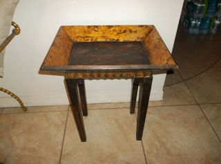 Vintage Wood Carved Side End Table Gold Accent Bowl Top African Theme