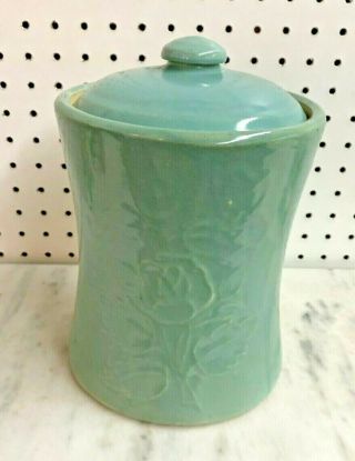 Vintage Celadon Cookie Biscuit Jar Lidded American Pottery Rose In Relief