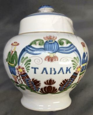 Vintage Ceramic Pottery Faience Hand Painted Tobacco Jar Tobak Tobacciana Signed