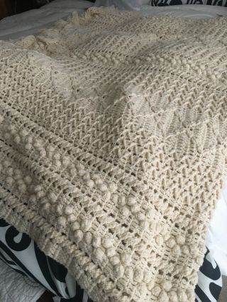 Vintage Hand Crochet Afghan Throw Blanket Beige Knit 84”x64”