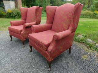 Pair Antique Style Chippendale Upholstered Fireside Wingback Chairs Kittinger
