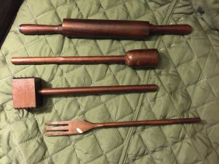 Vintage Dark Solid Wood Rolling Pin Tenderizer Pestle & Salad Fork Set 4 Pc
