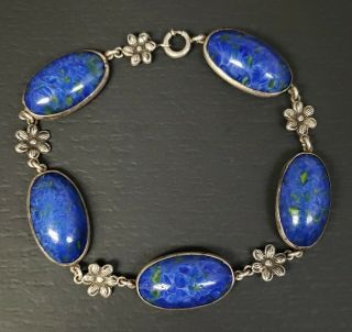 Antique Art Deco Sterling Silver Blue Art Glass Victorian Flower Bracelet
