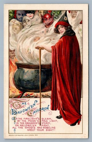 Halloween Cauldron Antique 1912 Embossed Postcard By John Winsch