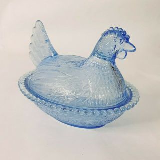 Vintage Ice Blue Glass Nesting Hen Chicken On Basket Candy Dish