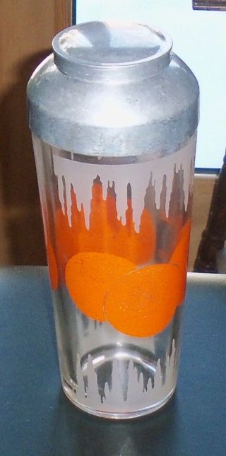Vintage Mid - Century Glass Cocktail Shaker With " Oranges And Icicles " Decoration