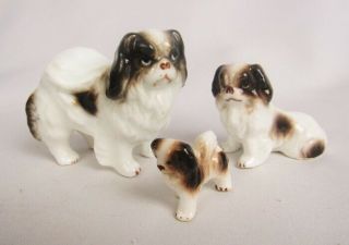 Vintage Bone China Miniature Japanese Chin Dog Family Trio Figurine Set