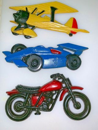 Vintage Set Of 3 Cast Aluminum Wall Plaque Motorcycle Airplane Racecar Eb Ll Er