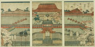 Antique Sadahide Utagawa Japanese Color Woodblock Print Triptych Samurai,  Palace