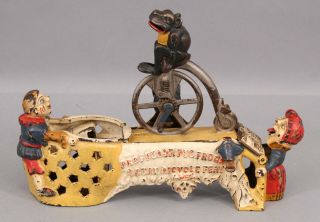 Rare Antique 19thc J & E Stevens Cast Iron Professor Pug Frog Mechanical Bank Nr