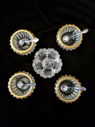 Vintage Pressed Glass Round Salt Cellars Set Of 4 With Sterling Silver Spoons