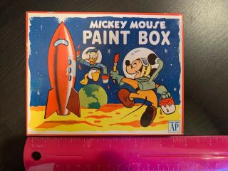Vintage Walt Disney Mickey Mouse Donald Duck Tin Paint Box Space Moon Astronaut