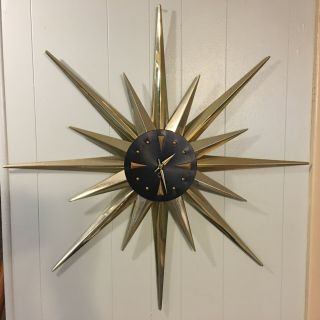 Vintage Mcm Mid - Century Modern Starburst Or Sunburst Atomic Wall Clock 34 " Wide