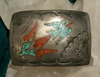 Vintage Native American Sterling Silver Turquoise Coral Inlay Belt Buckle