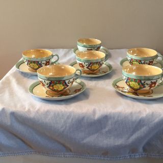 Vintage - Hand Painted Lusterware Tea Cups And Saucers - Set Of 6 - Made In Japan