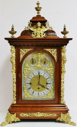 Rare Antique Walnut & Ormolu Triple Fusee Musical 8 Bell & 5 Gong Bracket Clock