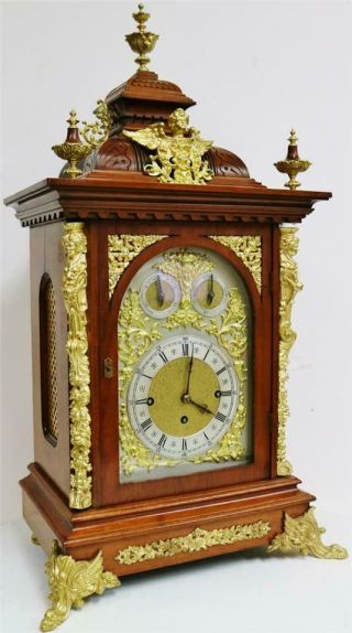 Rare Antique Walnut & Ormolu Triple Fusee Musical 8 Bell & 5 Gong Bracket Clock 2