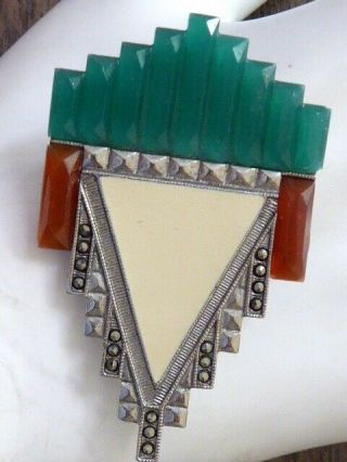 VINTAGE OLD ART DECO NATURAL GREEN ONYX CARNELIAN AND MARCASITE PIN BROOCH 2