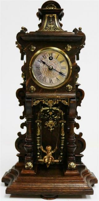 Very Rare Antique Lenzkirch Oak & Brass Boy On Swing Automation Mantel Clock