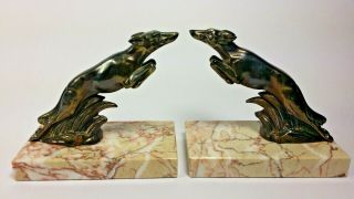 French Antique Art Deco Pair Bookends Spelter Bronzed Borzoi Dogs Marble Base