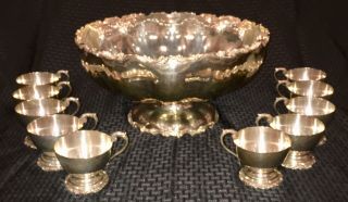Juvento Lopez Reyes Mexico 925 Sterling Silver 11pc Punch Bowl & Cups Set 3796gr